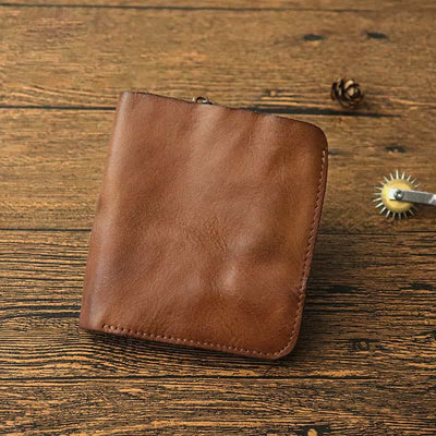 Leather Wallet For Men Double Folding Vintage Short Zipper Purse