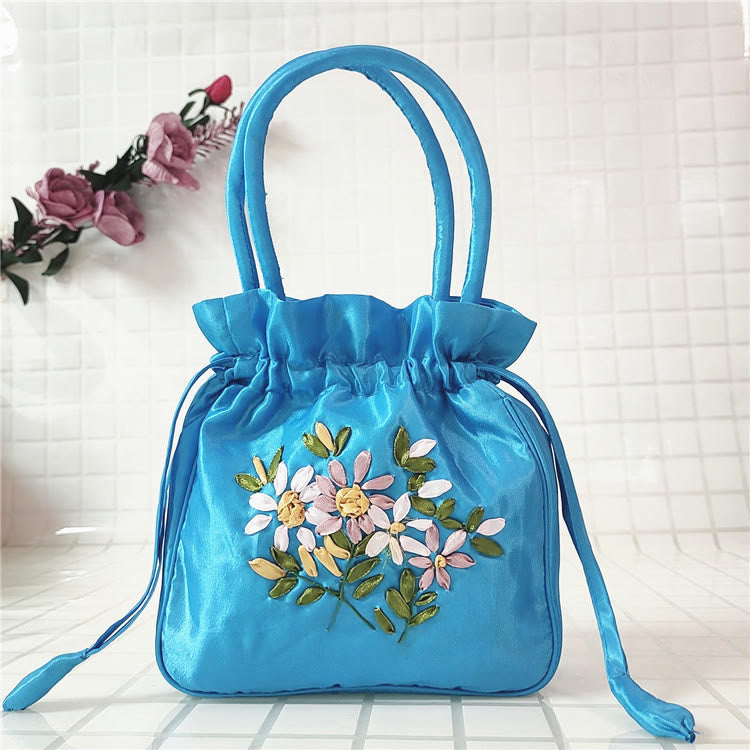 Embroidery Floral Clutch Drawstring Bucket Bag Handbag Party Bag