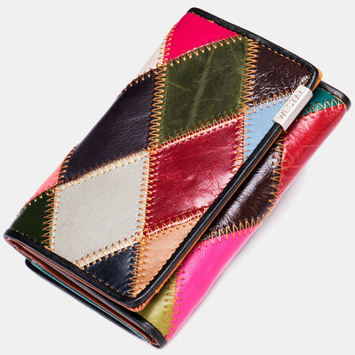 Genuine Leather Splicing Color Block Wallet Trifold Long Purse