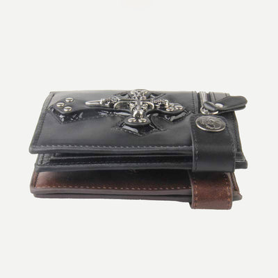 Mens Gothic Skull Cross Leather Punk Wallet with Long Metal Chain