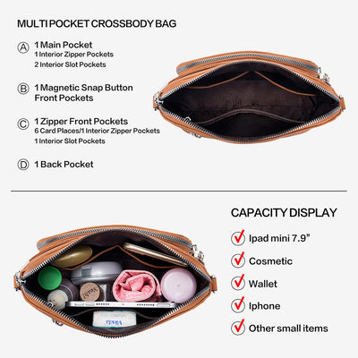 Crossbody Bag for Women Multi-Pocket Soft Leather Shoulder Purse with Card Slots