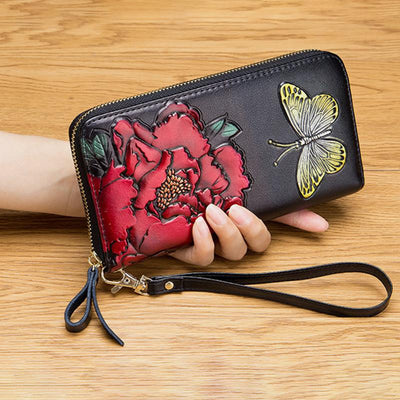 RFID Genuine Leather Vintage Floral Embossing Wallet