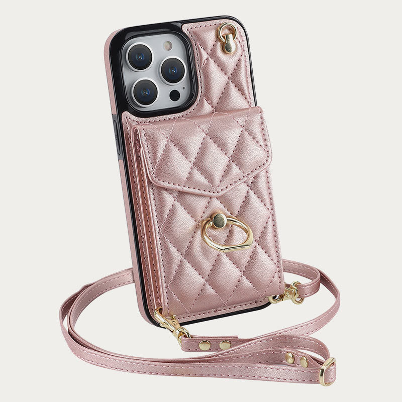 Phone Wallet Case For iPhone 14/15/16 Functional Quilted Crossbody Phone Case