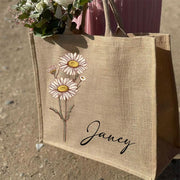 Custom Birth Floral Print Tote Large Shopping Travel Beach Burlap Handbag