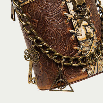 Vintage Crossbody Bag Fancy Skull Design Leather Bucket Bag