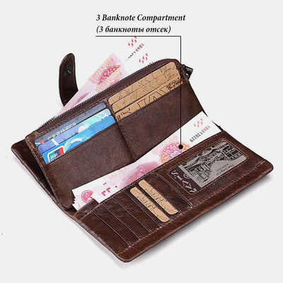 Retro Splicing Long Slim Purse Real Leather Trifold Wallet