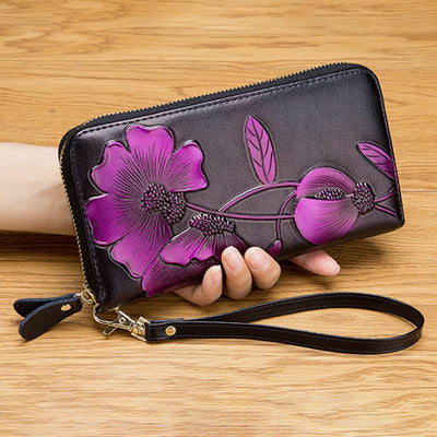 RFID Genuine Leather Vintage Floral Embossing Wallet