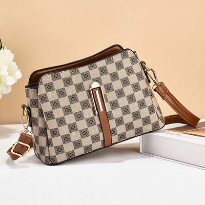Triple Compartment Plaid Satchel Women Leather Chic Crossbody Bag