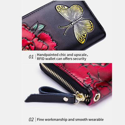 RFID Genuine Leather Vintage Floral Embossing Wallet