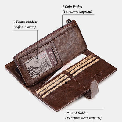 Retro Splicing Long Slim Purse Real Leather Trifold Wallet