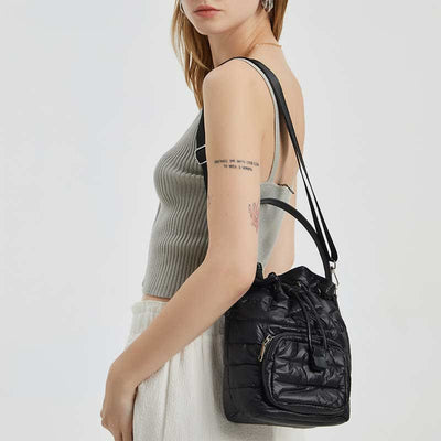 Puffer Drawstring Bucket Bag for Women Down Satchel Quilted Shoulder Bag