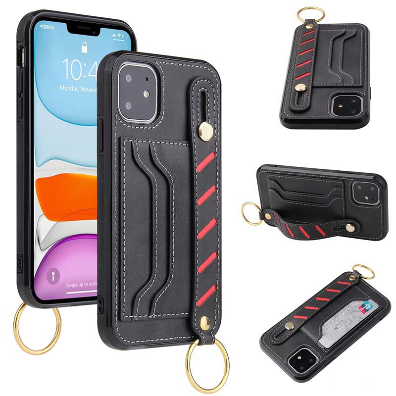 Leather Phone Case Wallet For iPhone Samsung With Wristlet Strap Card Slot