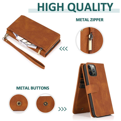 Wallet Case for iPhone Samsung Durable Flip Lanyard Strap Wristlet Zipper Card Holder