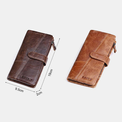 Retro Splicing Long Slim Purse Real Leather Trifold Wallet