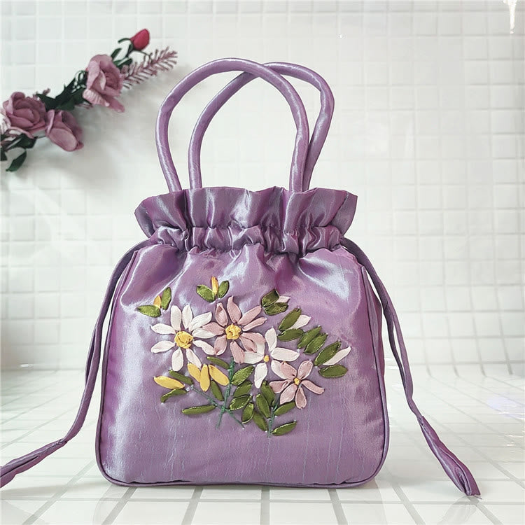Embroidery Floral Clutch Drawstring Bucket Bag Handbag Party Bag