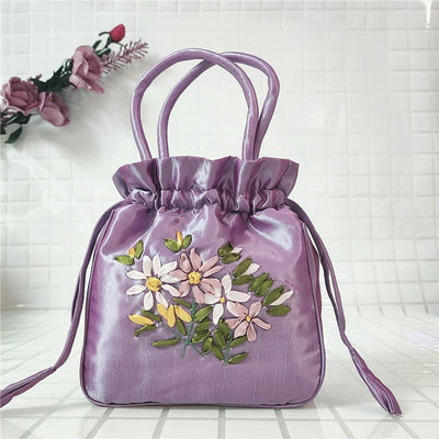 Embroidery Floral Clutch Drawstring Bucket Bag Handbag Party Bag