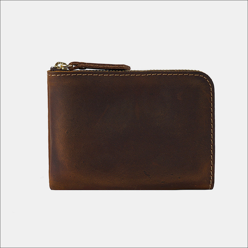 Vintage Genuine Leather Slim Zip Wallet Crazy Horse Leather Coin Purse