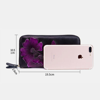 RFID Genuine Leather Vintage Floral Embossing Wallet