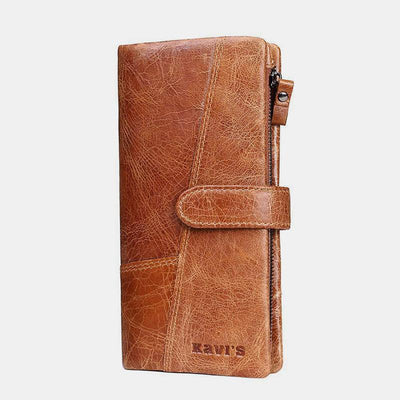 Retro Splicing Long Slim Purse Real Leather Trifold Wallet