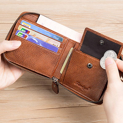 RFID Anti-theft Vintage Genuine Leather Zipper Wallet