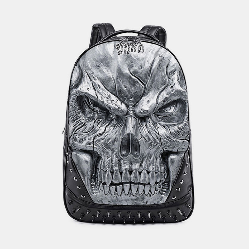 3D Skull Punk Rivet Leather Backpack Waterproof Embossed Ghost Head Knapsack