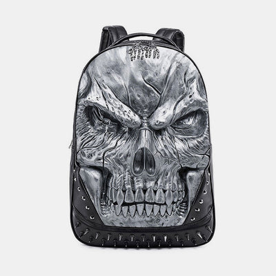 3D Skull Punk Rivet Leather Backpack Waterproof Embossed Ghost Head Knapsack