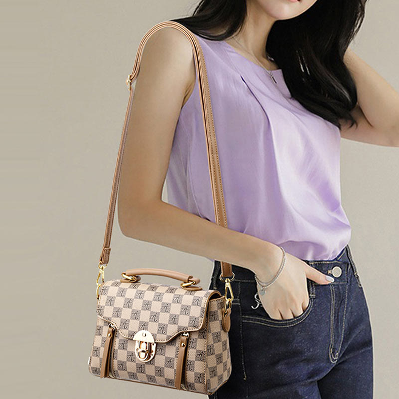 Classic Plaid Embossing Handbag Women Vegan Leather Retro Crossbody Bag