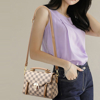 Classic Plaid Embossing Handbag Women Vegan Leather Retro Crossbody Bag