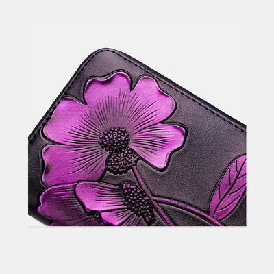 RFID Genuine Leather Vintage Floral Embossing Wallet