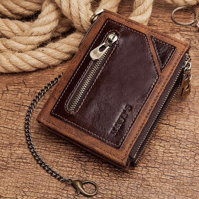 Vintage RFID Genuine Leather Bifold Coin Wallet With Chain