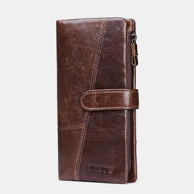 Retro Splicing Long Slim Purse Real Leather Trifold Wallet