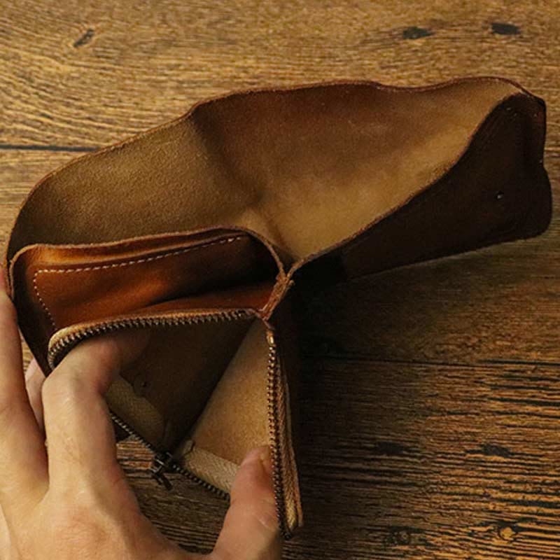 Leather Wallet For Men Double Folding Vintage Short Zipper Purse