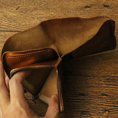 Leather Wallet For Men Double Folding Vintage Short Zipper Purse