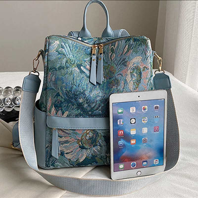 Oil Paintng Canvas Backpack Retro Houndstooth Large Student Daypack
