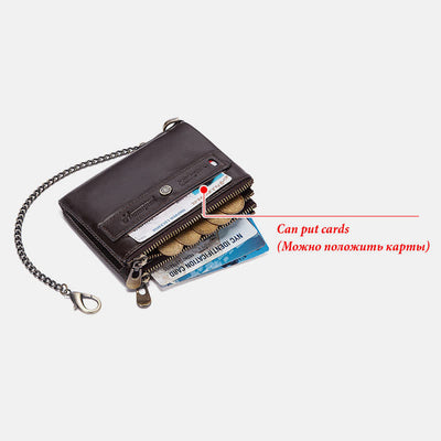 Mens Wallet with Chain Leather Bifold Wallet with Double Zipper Pocket