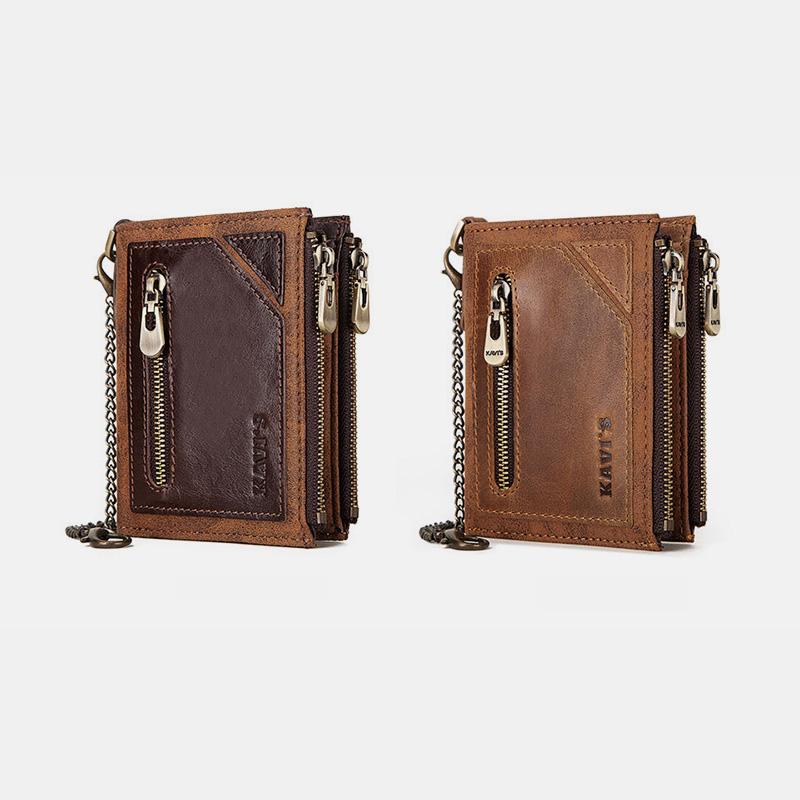 Vintage RFID Genuine Leather Bifold Coin Wallet With Chain
