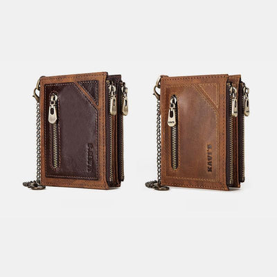 Vintage RFID Genuine Leather Bifold Coin Wallet With Chain
