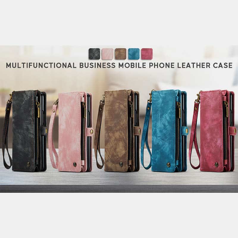 Durable Leather Magnetic Wallet Case for Z Fold 4 with Wrist Strap