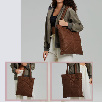 Women Simple Quilted Down Tote Vertical Diamond Check Shoulder Bag
