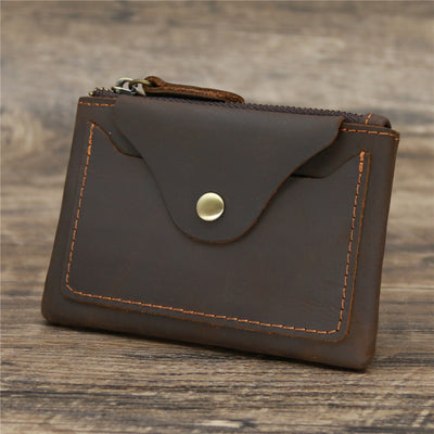 Small Leather Coin Purse Brown Ultra Thin Zipper Card Holder
