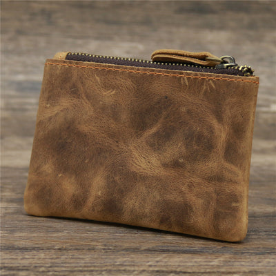 Small Leather Coin Purse Brown Ultra Thin Zipper Card Holder