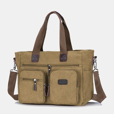 Multi-Pocket Tote Handbag for Women Men Retro Canvas Laptop Bag