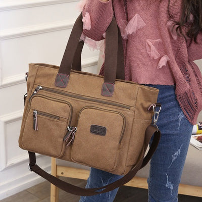 Multi-Pocket Tote Handbag for Women Men Retro Canvas Laptop Bag