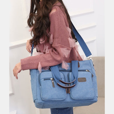 Multi-Pocket Tote Handbag for Women Men Retro Canvas Laptop Bag
