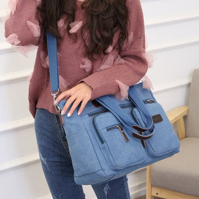 Multi-Pocket Tote Handbag for Women Men Retro Canvas Laptop Bag