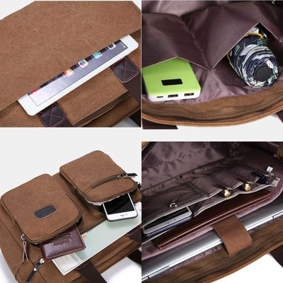 Multi-Pocket Tote Handbag for Women Men Retro Canvas Laptop Bag
