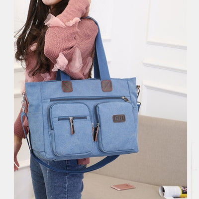 Multi-Pocket Tote Handbag for Women Men Retro Canvas Laptop Bag