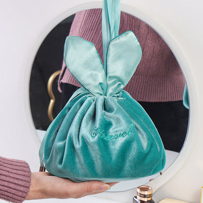 Cute Bunny Ear Drawstring Makeup Bag Embroidery Velvet Storage Bag