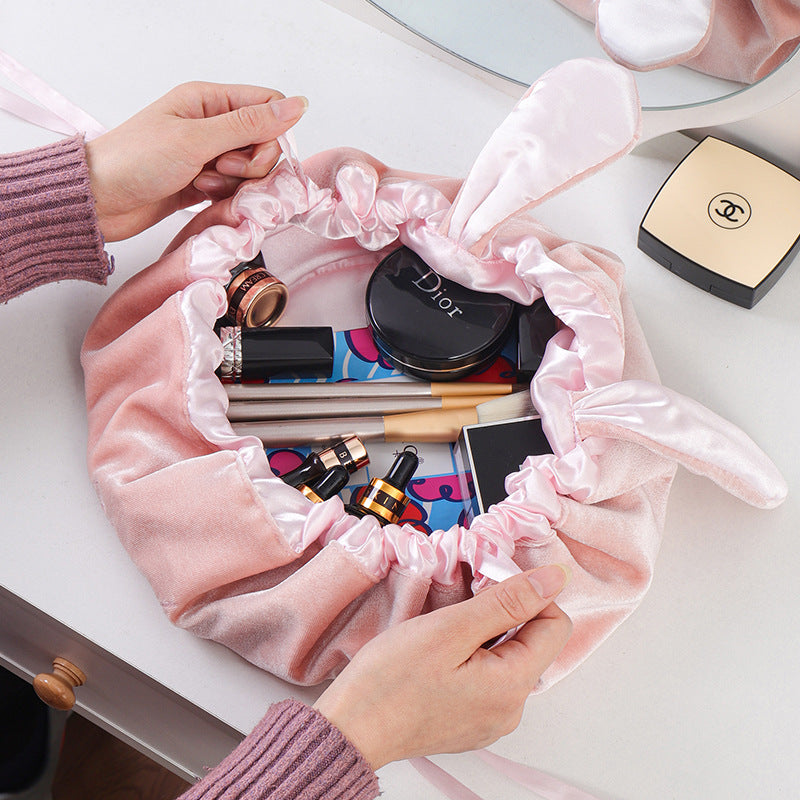 Cute Bunny Ear Drawstring Makeup Bag Embroidery Velvet Storage Bag