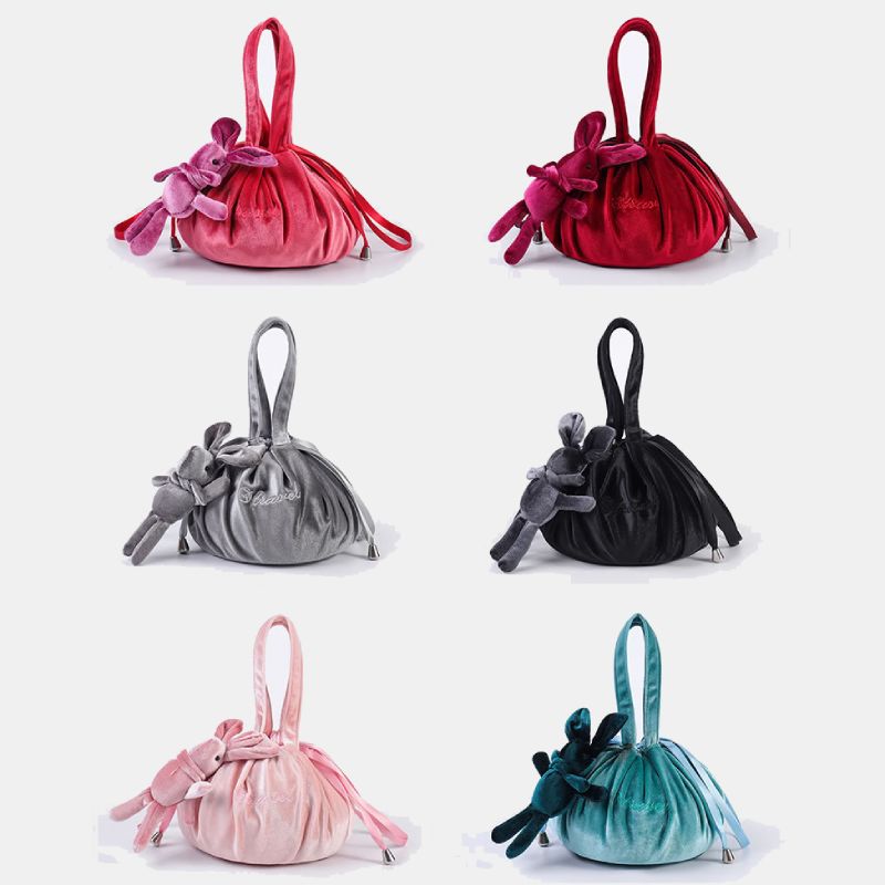 Cute Bunny Ear Drawstring Makeup Bag Embroidery Velvet Storage Bag